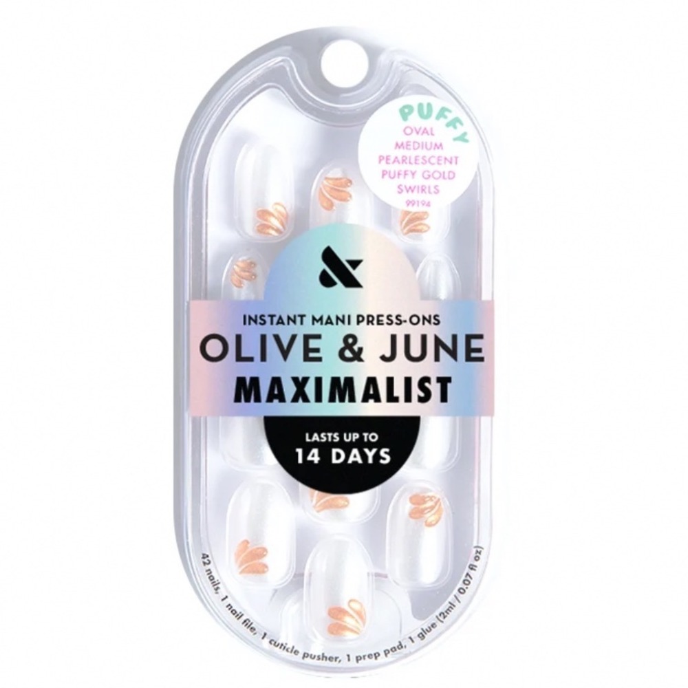 Olive & June Maximalist Press-On Nails PEARLESCENT PUFFY GOLD SWIRLS Med Oval